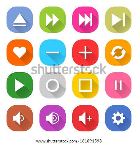 16 media icon set 06 (white sign on color). Strong rounding corners square web button on white background. Simple flat long shadow style. Vector illustration internet design graphic element 10 eps