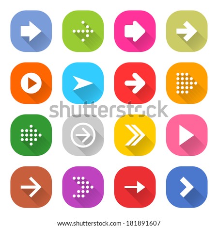 16 arrow icon set 01 (white sign on color). Strong rounding corners square web button on white background. Simple flat long shadow style. Vector illustration internet design graphic element 10 eps