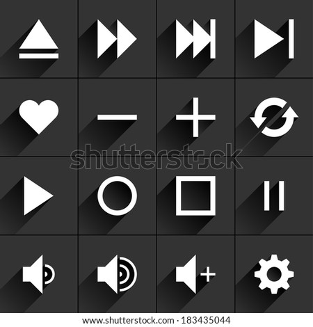 16 media control sign flat icon with black long shadow (set 06). White sign on dark gray background. Tidy, simple, minimal, solid, plain style. Vector illustration web internet design element 8 eps