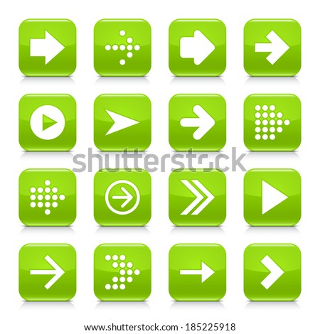 16 arrow icon set 01. White sign on green rounded square button with gray reflection, black shadow on white background. Glossy style. Vector illustration web design element save in 8 eps