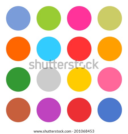 16 blank icon circle web button on white background. Simple flat, solid, plain style. Blue, red, yellow, gray, green, pink, orange, brown, violet shapes. This vector illustration save in 8 eps