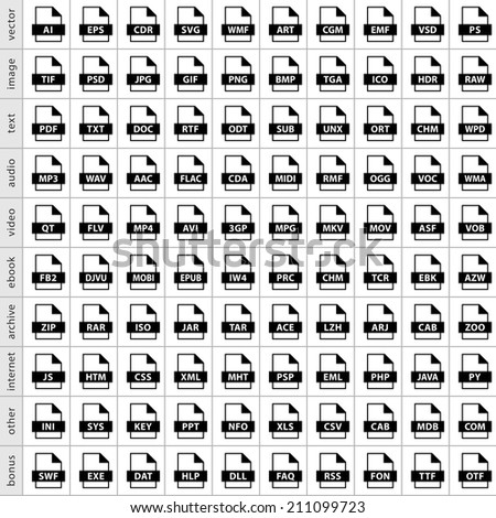 100 file types icons in simple flat style for graphic web design. Set 04 black symbol isolated on white background. Vector, image, text, audio, video, ebook, archive, internet formats in 8 eps
