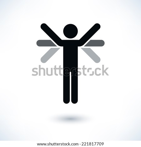 Grayscale logotype people (man\'s figure) with many hands or wings in flat style. Simple silhouette sign with shadow isolated on white background. Graphic design elements in vector illustration 8 eps