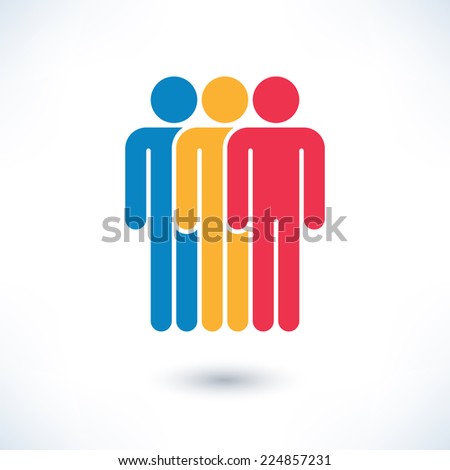 Colored three people (man figure) with gray drop shadow isolated on white background in simple flat style. Graphic clip-art design elements save in vector illustration 8 eps