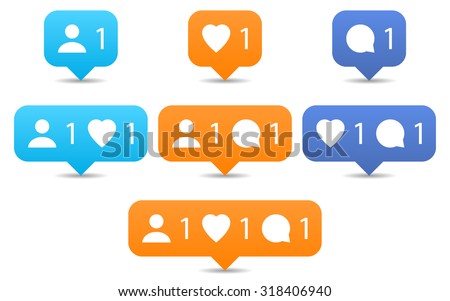 Orange and blue notification tooltip with heart, user, speech bubble, counter, shadow on white background. Like, follow, comment icons in flat style. Set 02. Vector illustration design element 8 eps