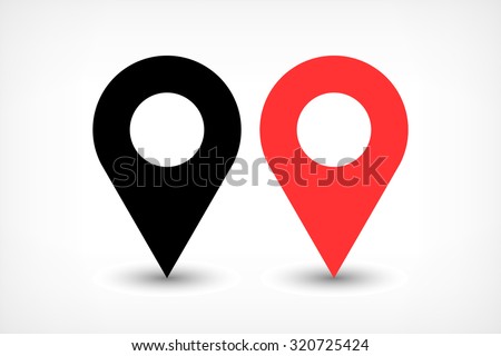 Map pin sign location icon with ellipse gray gradient shadow in flat simple style. Black and red color rounded shapes isolated on white background. Vector illustration web design element 8 EPS
