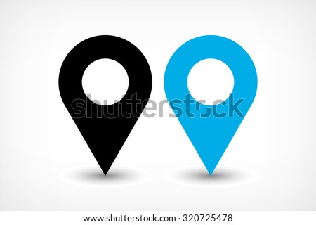 Map pin sign location icon with ellipse gray gradient shadow in flat simple style. Black and blue color rounded shapes isolated on white background. Vector illustration web design element 8 EPS