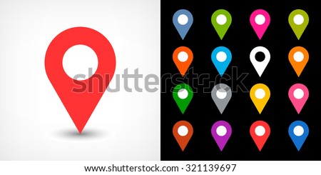 Map pin sign location icon with drop shadow in flat simple style. White, blue, cobalt, yellow, green, red, magenta, orange, pink, violet, purple, gray, brown shapes on black background. Vector 8 EPS