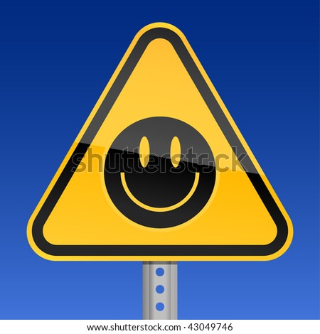 Yellow Road Warning Sign With Black Smiley Face Symbol On Sky ...