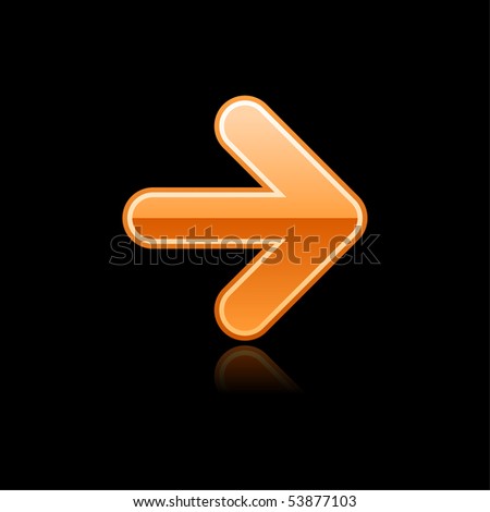 Glossy orange web 2.0 button arrow symbol. Single object with reflection on black background