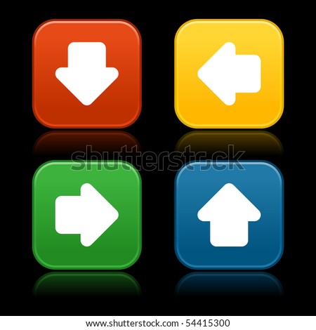 Arrow colorful web 2.0 button with reflection on black background. Matted rounded square shapes.
