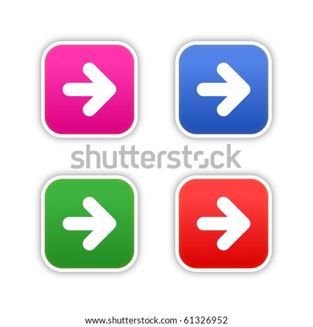 4 colored arrow symbol web 2.0 square stickers with shadow on white background. 10 eps