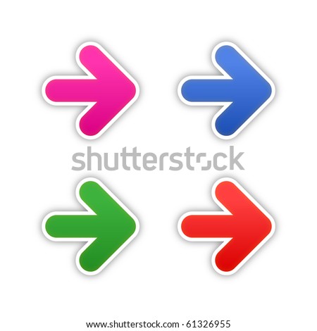 4 colored arrow symbol stickers web 2.0 buttons with shadow on white background. 10 eps