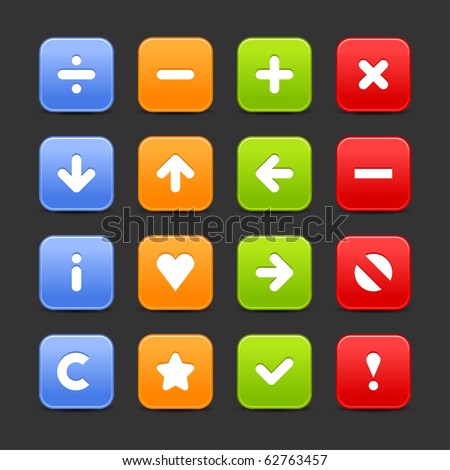 Colored web 2.0 buttons with navigation icon. Smooth satined rounded square shapes with shadow on gray background