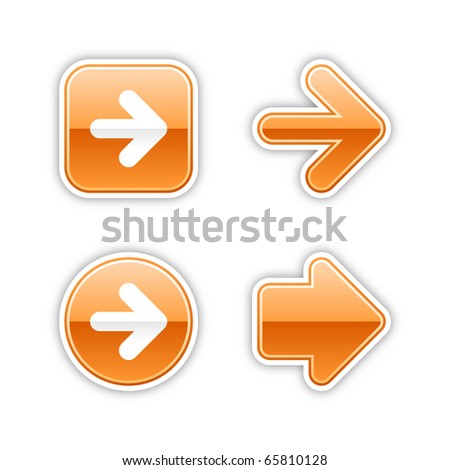 4 glossy arrow sign web 2.0 stickers. Orange button with gray shadow on white. 10 eps