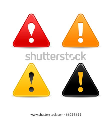 Attention warning icon web 2.0 button with exclamation mark. Satin triangle shape with shadow on white