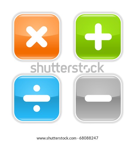 Colored glossy rounded square buttons with mathematical sign with drop shadow on white