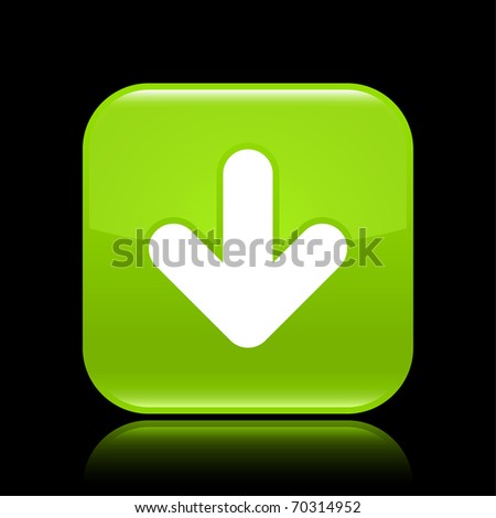 Green glossy web 2.0 button with arrow sign. Rounded square shape with reflection on black background