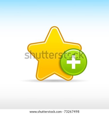 Yellow star favorite web 2.0 icon with green button add and shadow on white