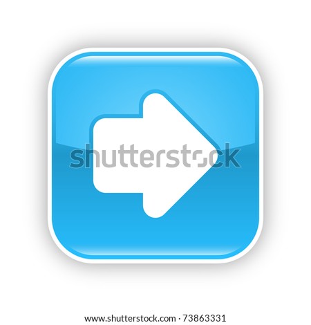 Blue glossy web 2.0 button with arrow symbol. Rounded square sticker with shadow on white. 10 eps