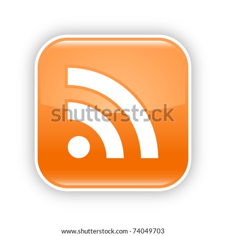 Orange glossy web 2.0 button with RSS sign. Rounded square sticker with gray shadow on white. 10 eps
