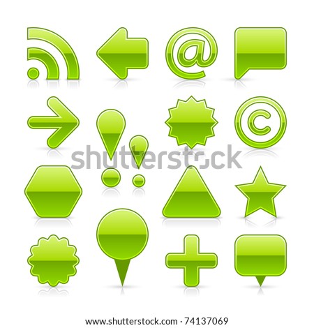 Green glossy web button with shadow and reflection on white background