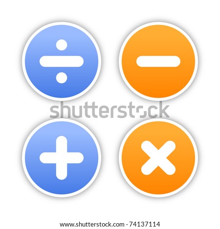 Four round stickers with mathematical sign and gray drop shadow on white. 10 eps