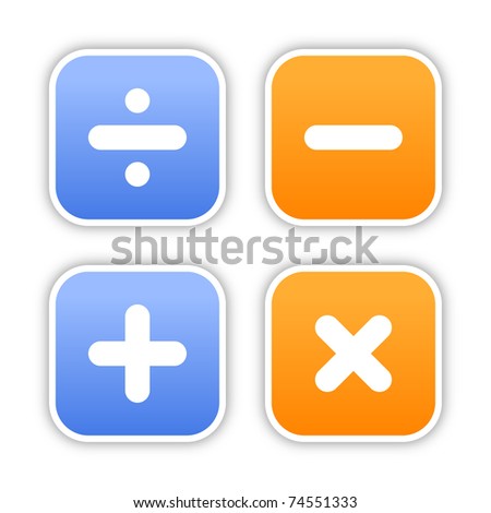 Four rounded square stickers with mathematical sign and shadow on white. 10 eps