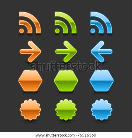 Colored glossy web 2.0 button RSS, arrow, hexagon and round sticker icons with black shadow and dark reflection on gray background