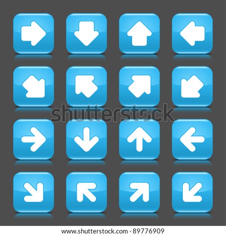 Blue glossy web button with white arrow sign. Rounded square shape internet icon with shadow and reflection on dark grey background. This vector illustration saved in 8 eps