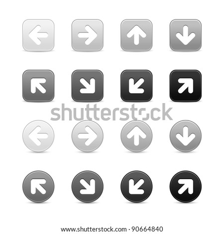 Grayscale web button with white arrow sign. Round and square shapes with shadow on white background. This vector illustration saved in 8 eps
