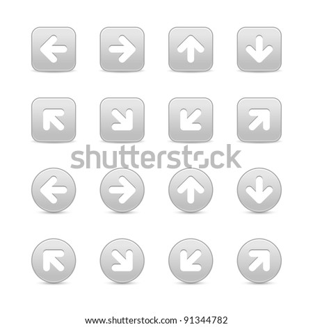 Grayscale web internet button with white arrow symbol. Round and square shape with black shadow on white background. This vector illustration created and saved in 8 eps