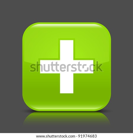 Green glossy web button with addition sign. Rounded square shape icon with black shadow and colored reflection on dark gray background. This vector illustration created and saved in 8 eps