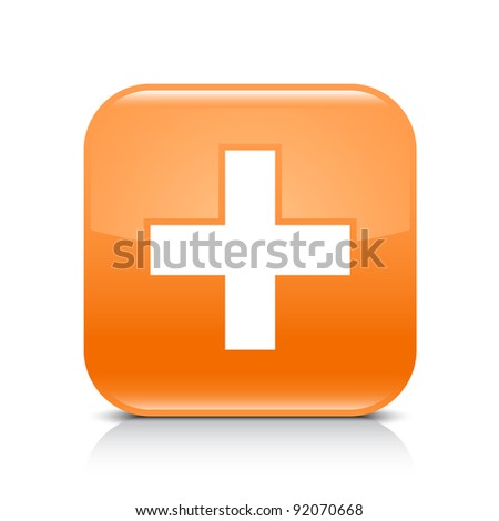 Orange glossy web button with add sign. Rounded square shape icon with shadow and reflection on white background. This vector illustration created and saved in 8 eps