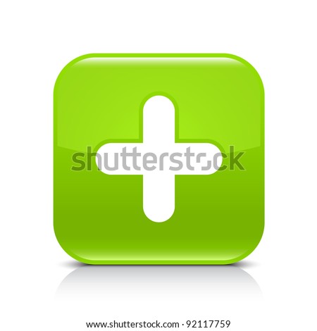 Green glossy web button with plus sign. Rounded square shape icon with shadow and reflection on white background. This vector illustration created and saved in 8 eps