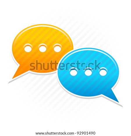 Satin smooth sticker chat room icon. Yellow and blue color web button. Strip speech bubbles shape with shadow on white background. This vector illustration saved in 10 eps