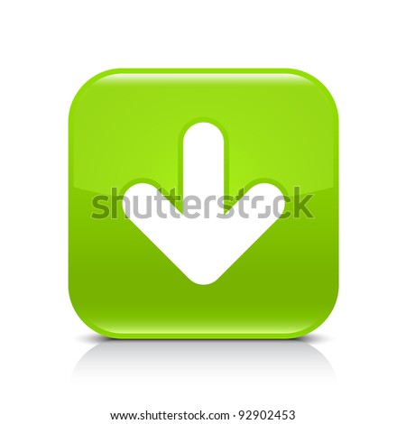 Green glossy web button with arrow download sign. Rounded square shape icon with shadow and reflection on white background. This vector illustration created and saved in 8 eps