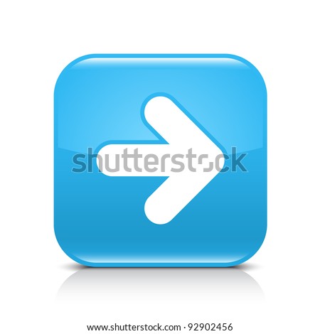 Blue glossy web button with arrow right sign. Rounded square shape icon with shadow and reflection on white background. This vector illustration created and saved in 8 eps