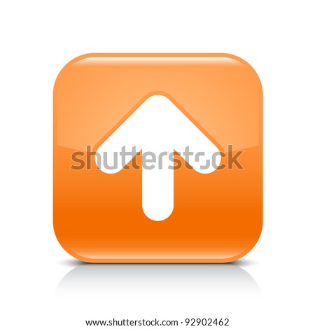 Orange glossy web button with arrow upload sign. Rounded square shape icon with shadow and reflection on white background. This vector illustration created and saved in 8 eps