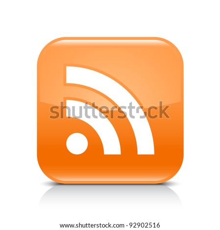 Orange glossy web button with RSS feed sign. Rounded square shape icon with shadow and reflection on white background. This vector illustration created and saved in 8 eps