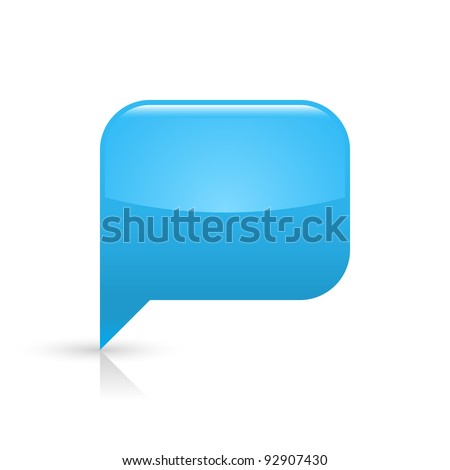 Blue glassy empty speech bubble web button icon. Rounded rectangle shape with black shadow and gray reflection on white background. This vector illustration saved in file eps 8