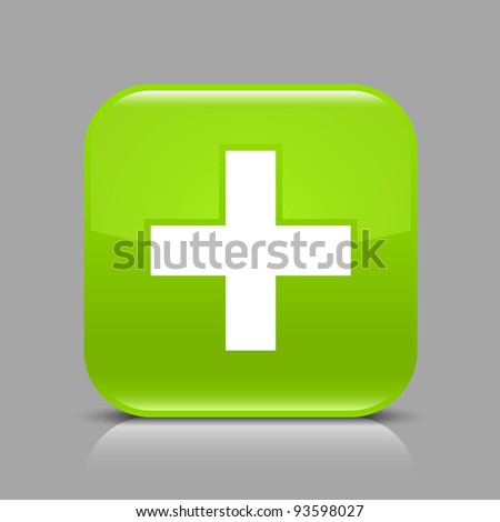 Green glossy web button with addition sign. Rounded square shape icon with black shadow and light reflection on gray background. This illustration saved in 8 eps. See more buttons in my gallery