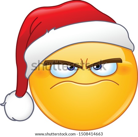 Grumpy angry emoji emoticon with Santa Claus hat celebrating Christmas