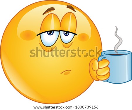 Tired emoji emoticon holding coffee morning mug