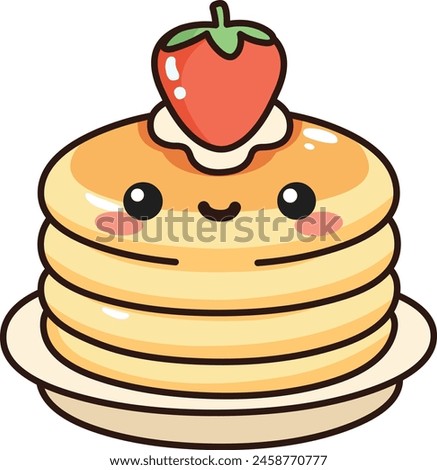 Happy pancake stack with strawberries and cream on top, in a kawaii style 