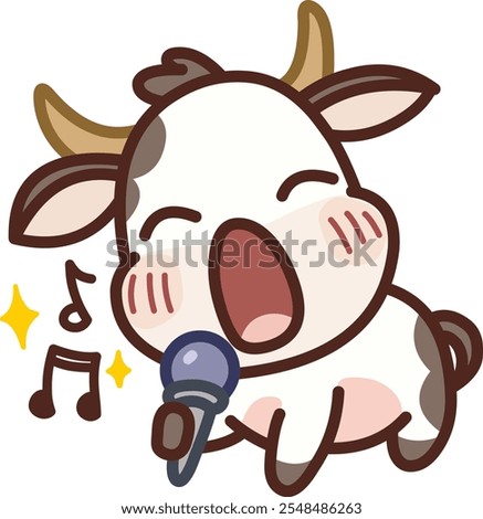 Kawaii style cow singing into a microphone with music notes and sparkles around it