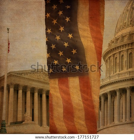 A montage including the Supreme Court, the United States Capitol dome and an American flag, digitally aged and distressed.