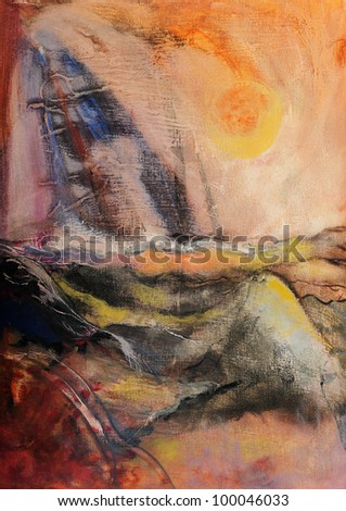 Original hand painted artwork. Colorful abstract painting of mountains and sunset