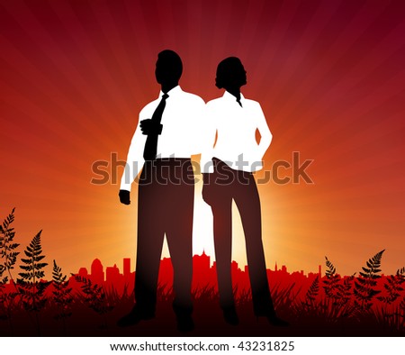 Businessman and Businesswoman on sunset background Original Vector Illustration Business People on Sunset Background