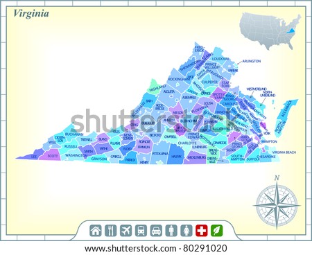 Virginia State Map With Community Assistance And Activates Icons ...